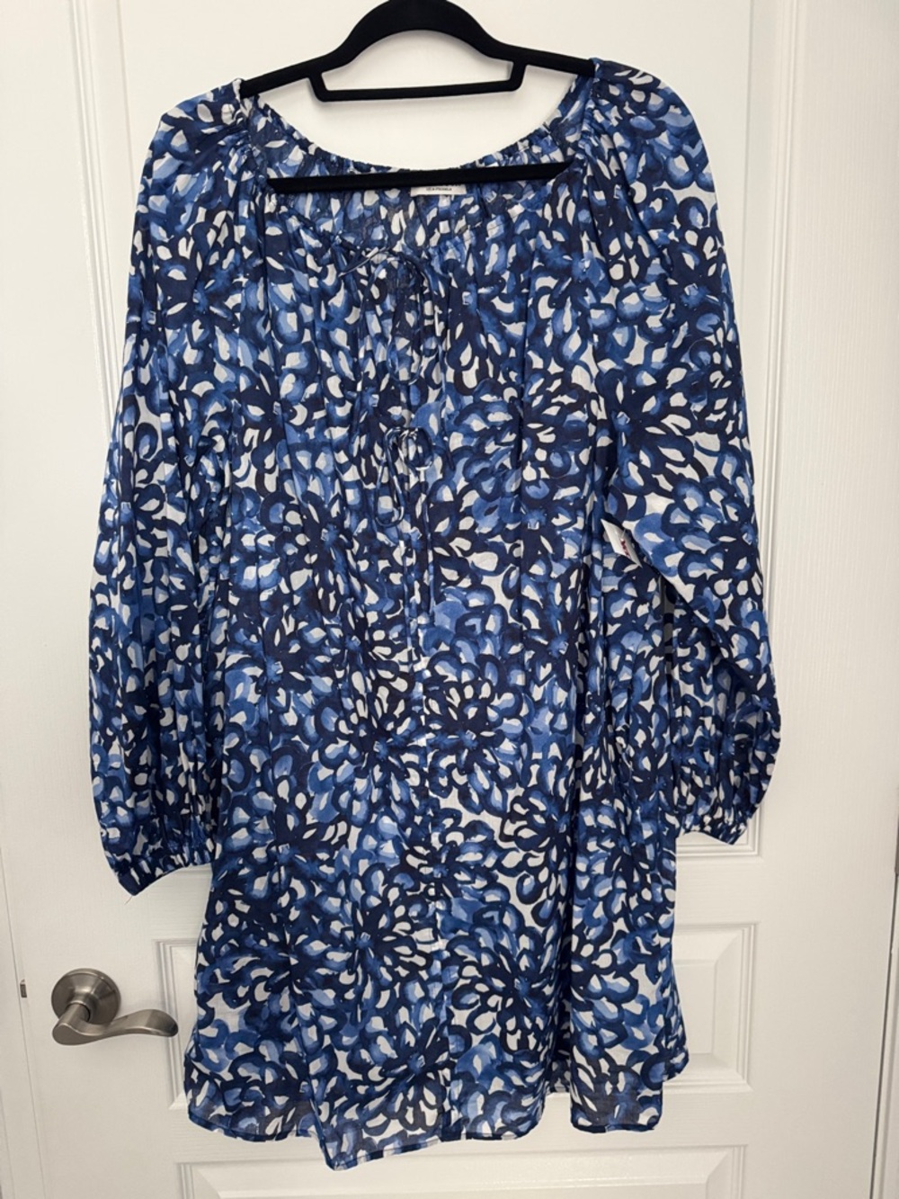 Women's Blue Floral Tunic Dress - Relaxed Long Sleeve